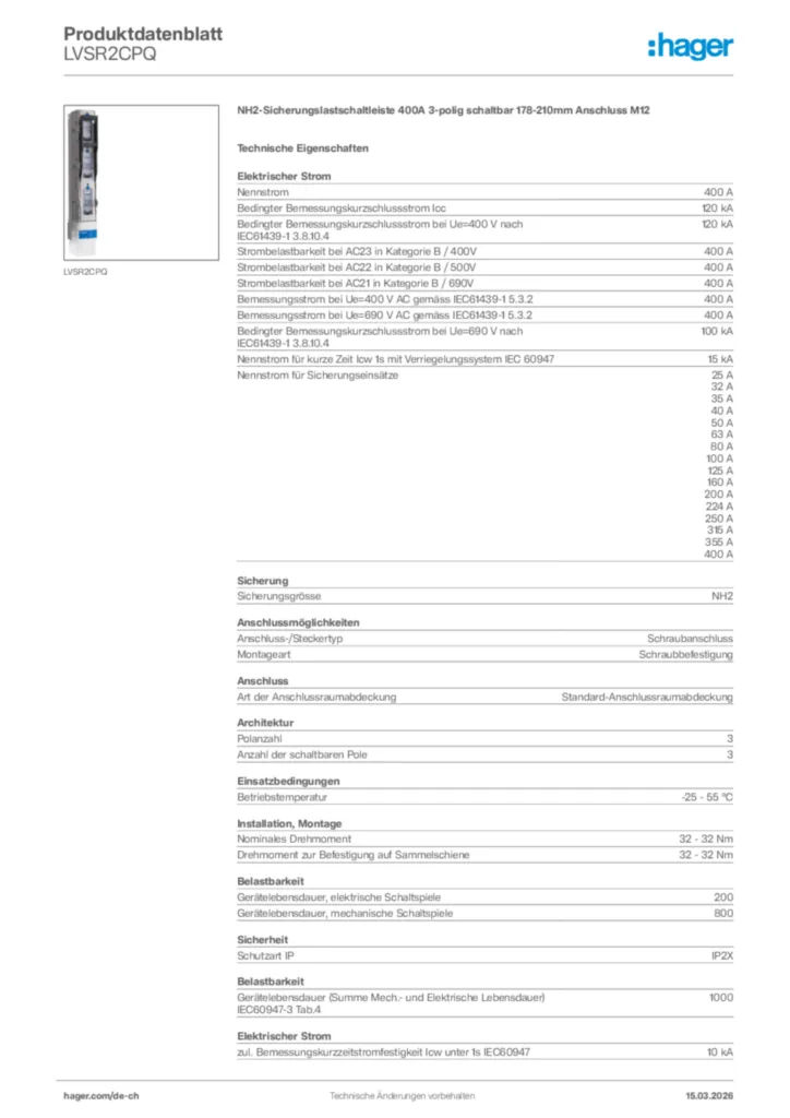 Bild Hager Produktdatenblatt LVSR2CPQ | Hager Schweiz