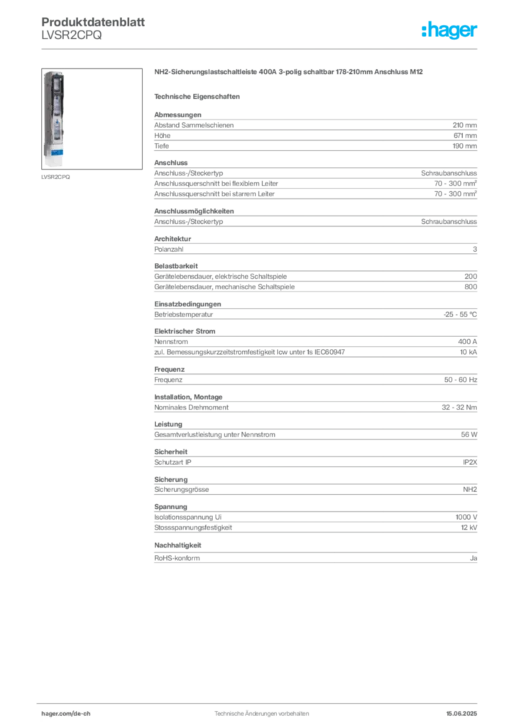 Bild Hager Produktdatenblatt LVSR2CPQ | Hager Schweiz