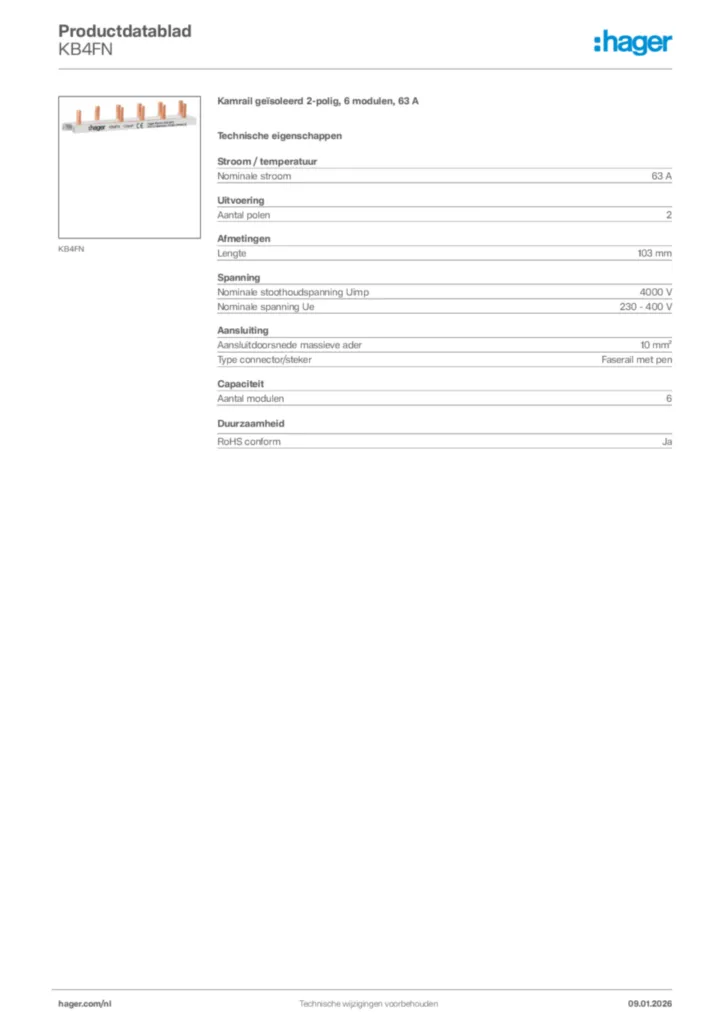Afbeelding Hager Productdatablad KB4FN | Hager Nederland