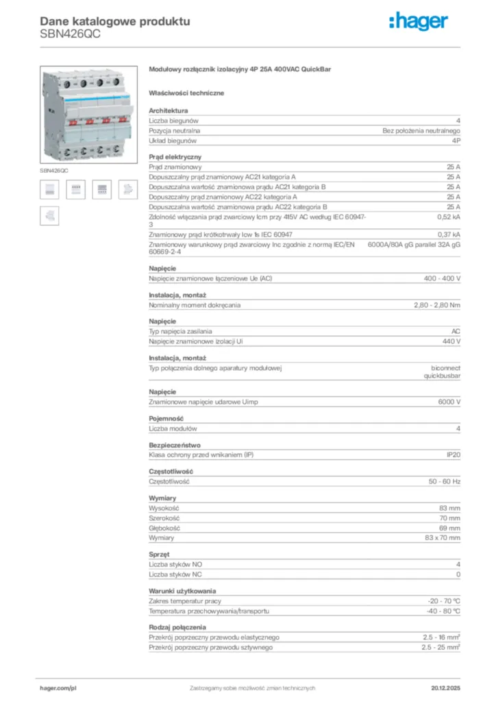 Zdjęcie Hager Karta katalogowa SBN426QC | Hager Polska
