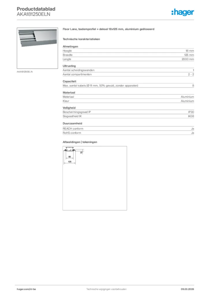 Afbeelding Hager Productdatablad AKA181250ELN | Hager Belgium