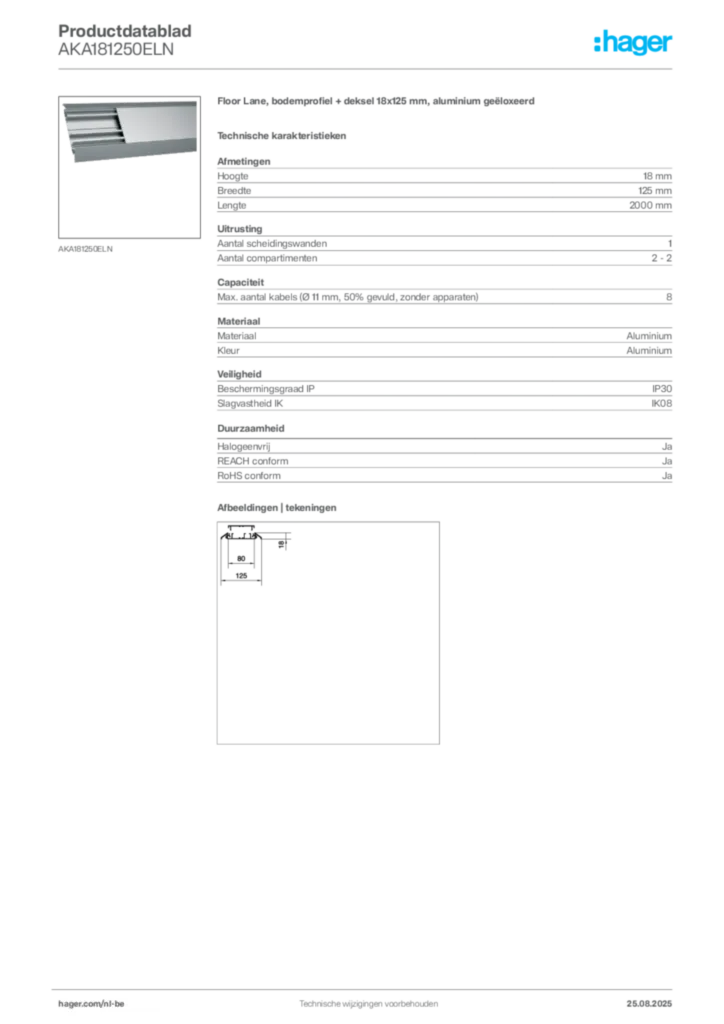 Afbeelding Hager Productdatablad AKA181250ELN | Hager Belgium