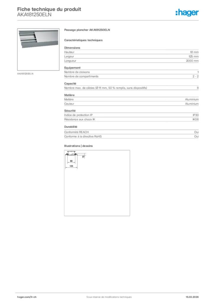 Image Hager Fiche technique du produit AKA181250ELN | Hager Suisse