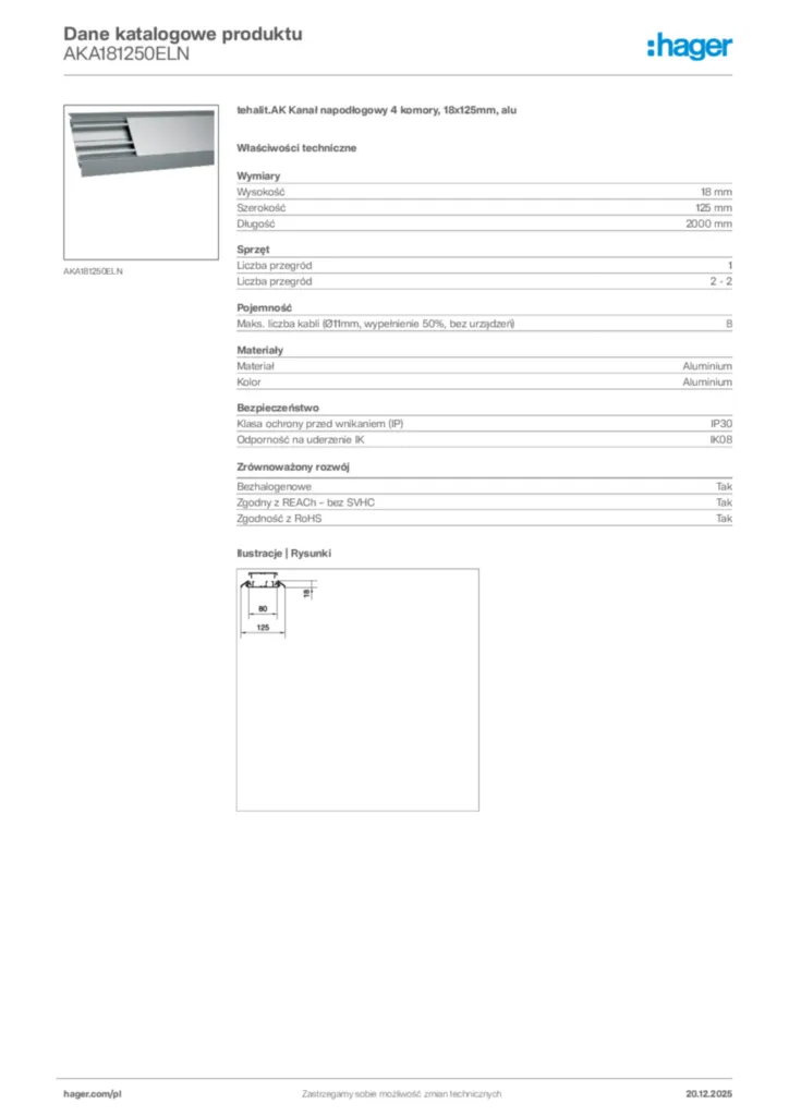 Zdjęcie Hager Karta katalogowa AKA181250ELN | Hager Polska