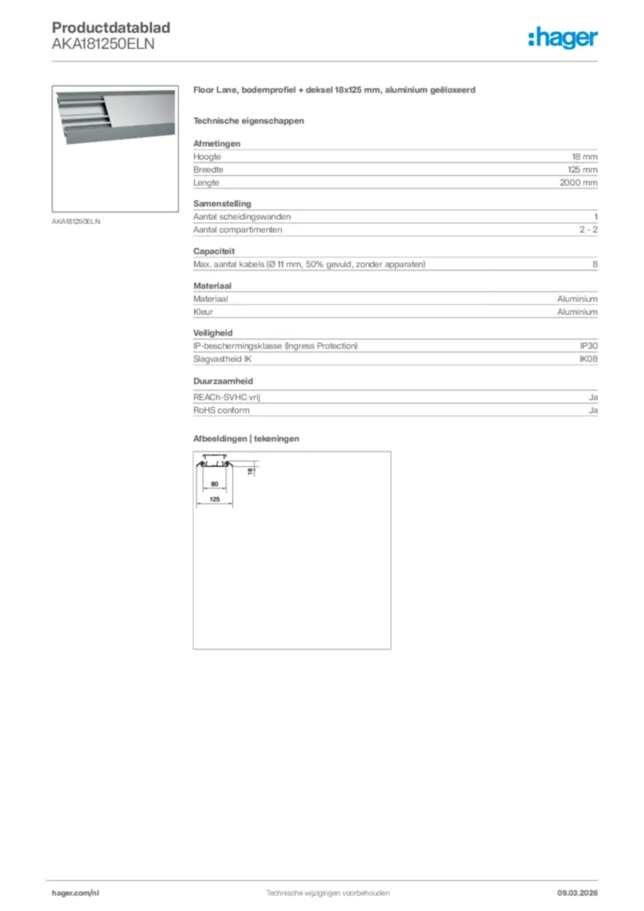 Afbeelding Hager Productdatablad AKA181250ELN | Hager Nederland