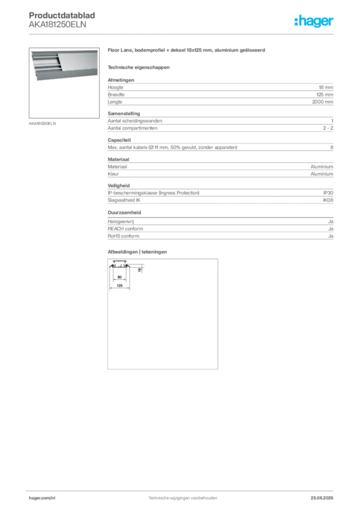 Afbeelding Hager Productdatablad AKA181250ELN | Hager Nederland