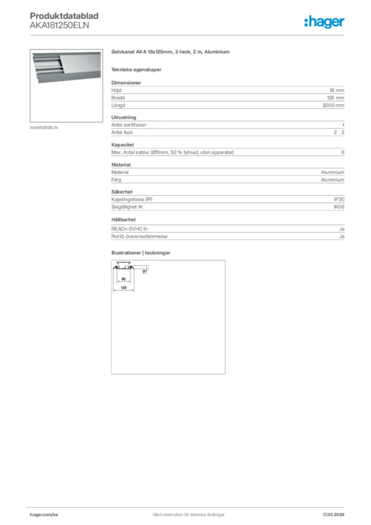 Bild Hager Produktdatablad AKA181250ELN | Hager Sverige