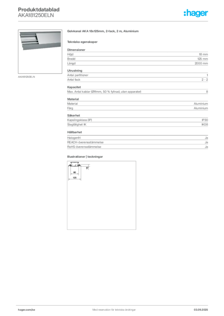 Bild Hager Produktdatablad AKA181250ELN | Hager Sverige