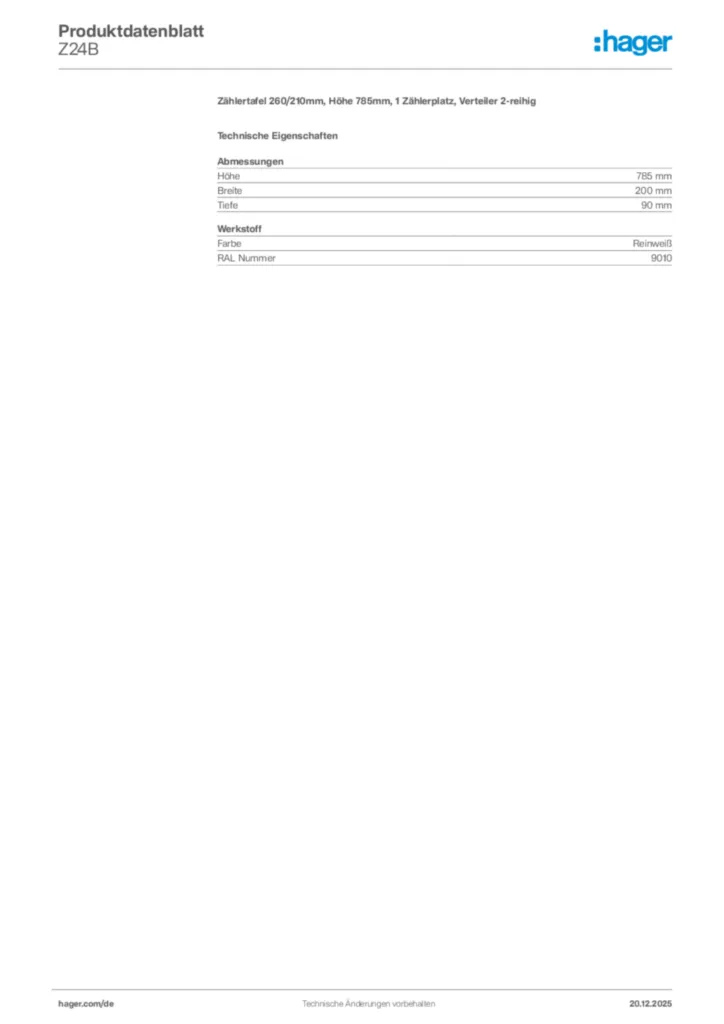 Bild Hager Produktdatenblatt Z24B | Hager Deutschland