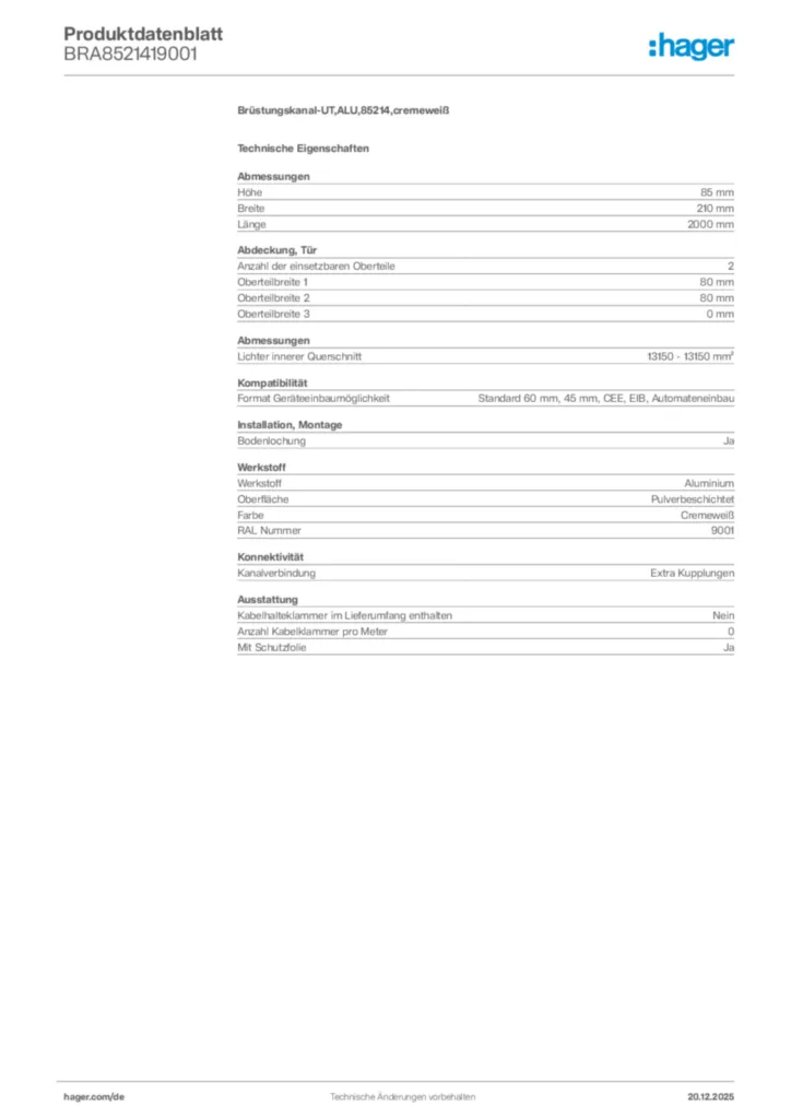 Bild Hager Produktdatenblatt BRA8521419001 | Hager Deutschland