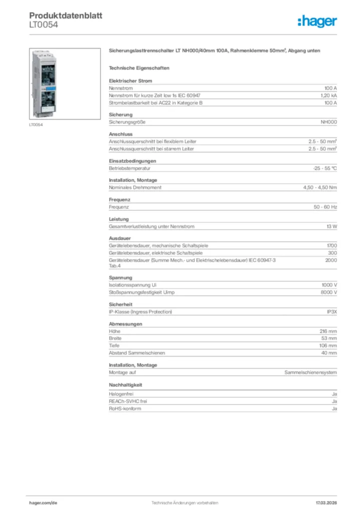 Bild Hager Produktdatenblatt LT0054 | Hager Deutschland