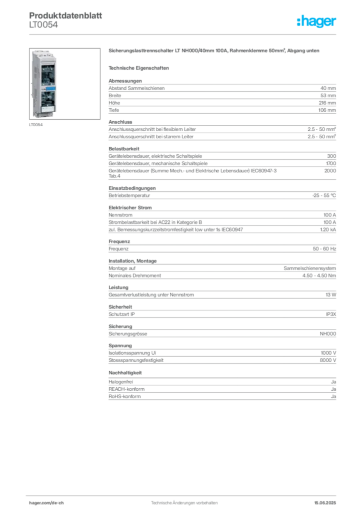 Bild Hager Produktdatenblatt LT0054 | Hager Schweiz