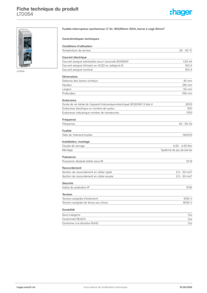 Image Hager Fiche technique du produit LT0054 | Hager Suisse