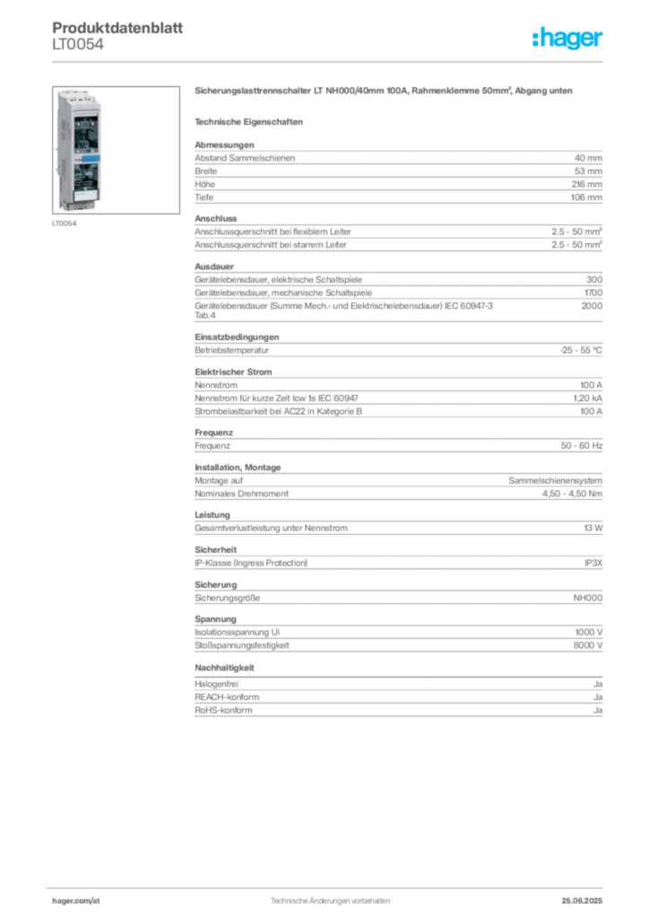 Bild Hager Produktdatenblatt LT0054 | Hager Deutschland