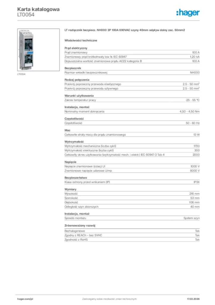 Zdjęcie Hager Karta katalogowa LT0054 | Hager Polska