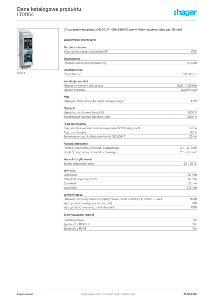 Zdjęcie Hager Karta katalogowa LT0054 | Hager Polska