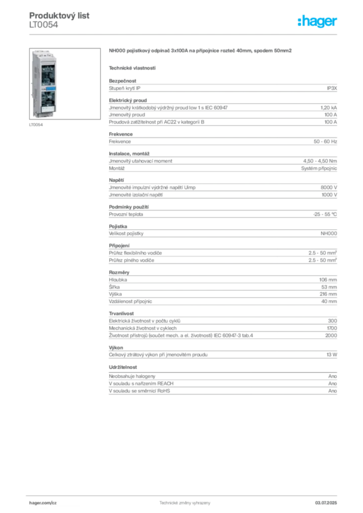 Obrázek Hager Produktový list LT0054 | Hager