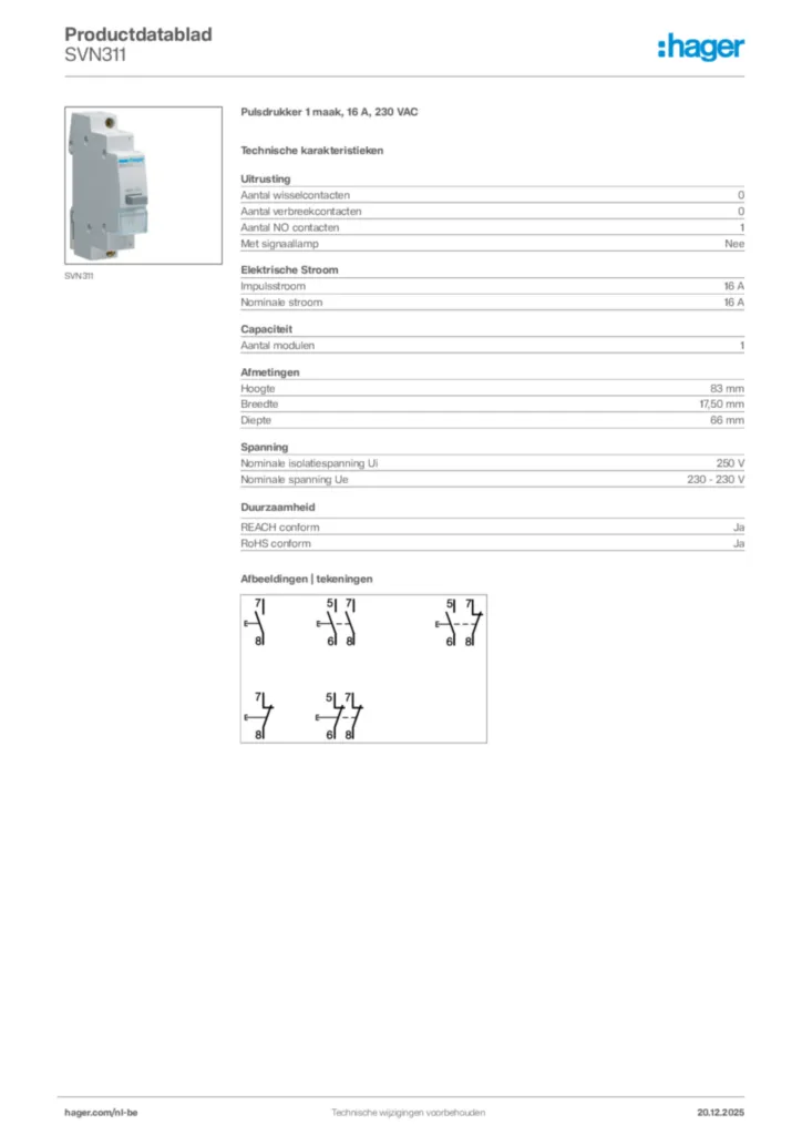 Afbeelding Hager Productdatablad SVN311 | Hager Belgium