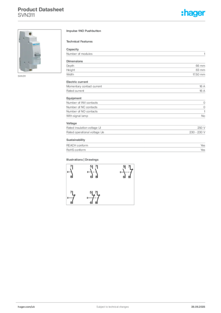 Image Hager Product data sheet SVN311  | Hager