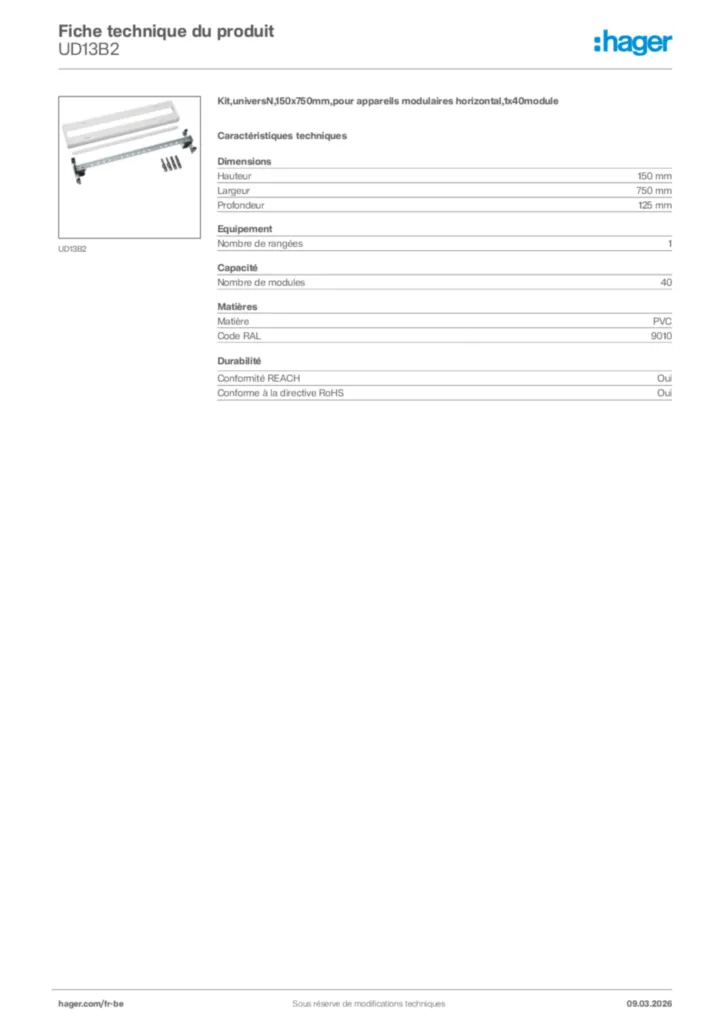 Image Hager Fiche technique du produit UD13B2 | Hager Belgique