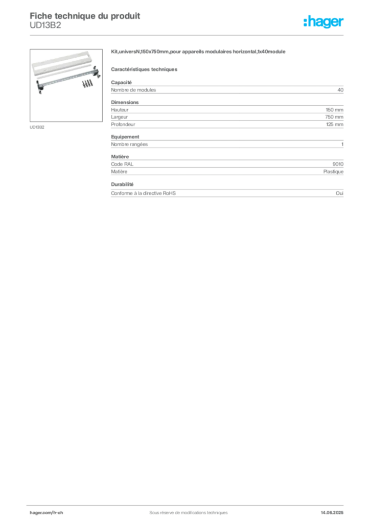 Image Hager Fiche technique du produit UD13B2 | Hager Suisse