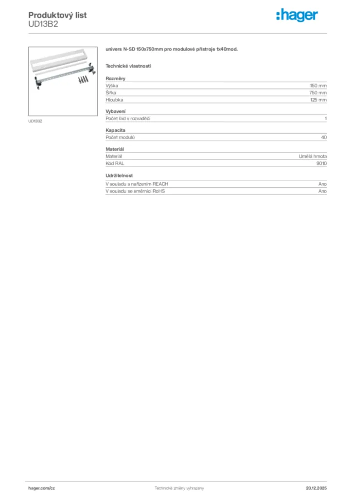 Obrázek Hager Produktový list UD13B2 | Hager