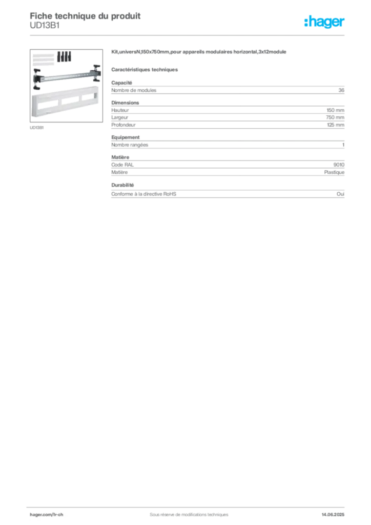 Image Hager Fiche technique du produit UD13B1 | Hager Suisse