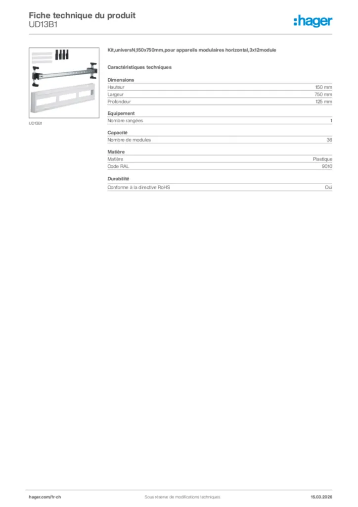 Image Hager Fiche technique du produit UD13B1 | Hager Suisse