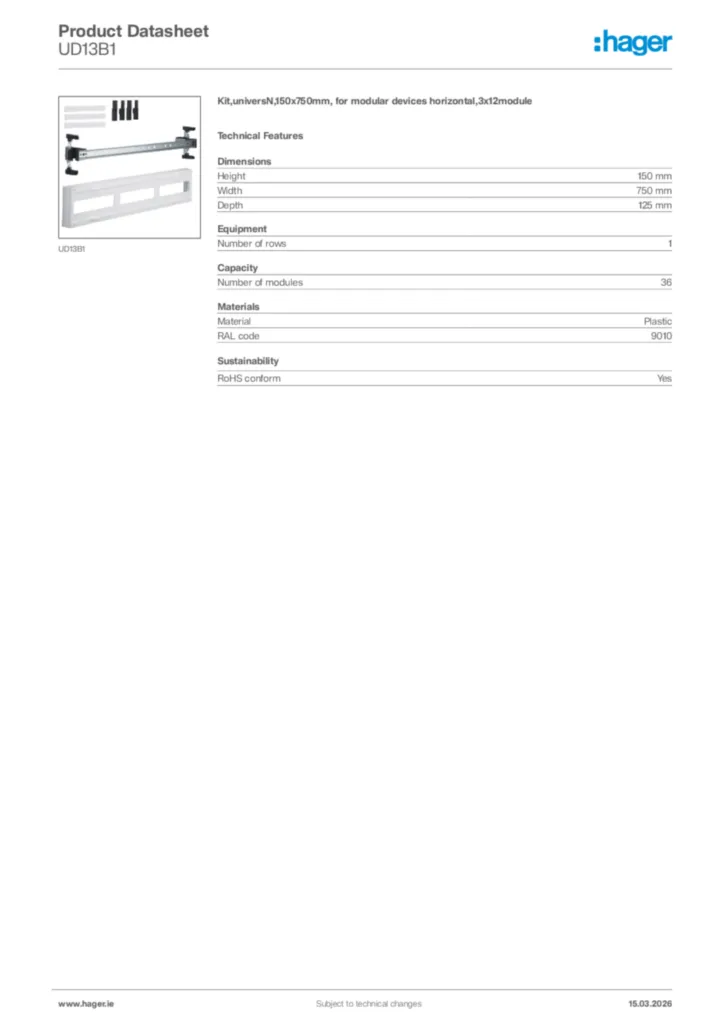 Image Hager Product data sheet UD13B1  | Hager