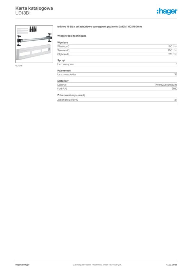 Zdjęcie Hager Karta katalogowa UD13B1 | Hager Polska