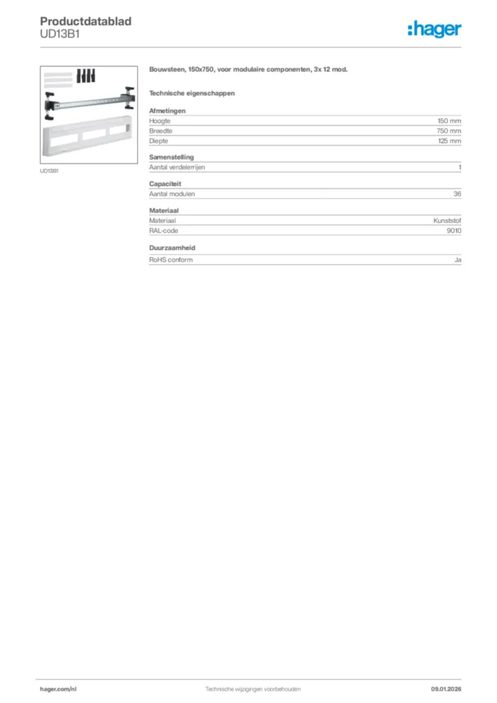 Afbeelding Hager Productdatablad UD13B1 | Hager Nederland