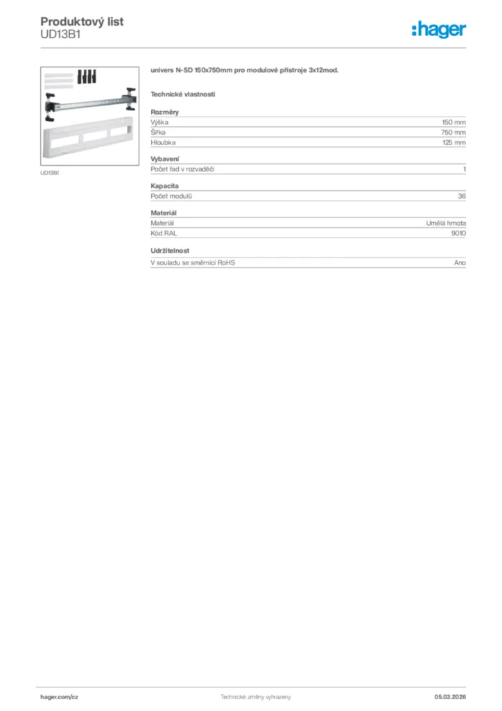 Obrázek Hager Product data sheet UD13B1 | Hager