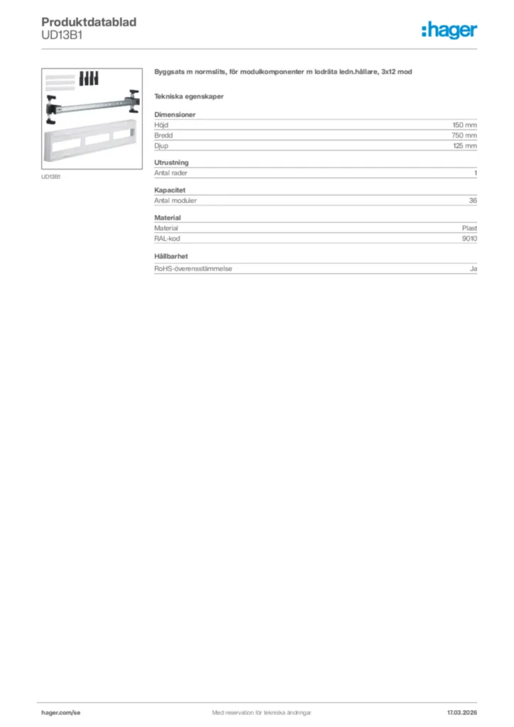 Bild Hager Produktdatablad UD13B1 | Hager Sverige