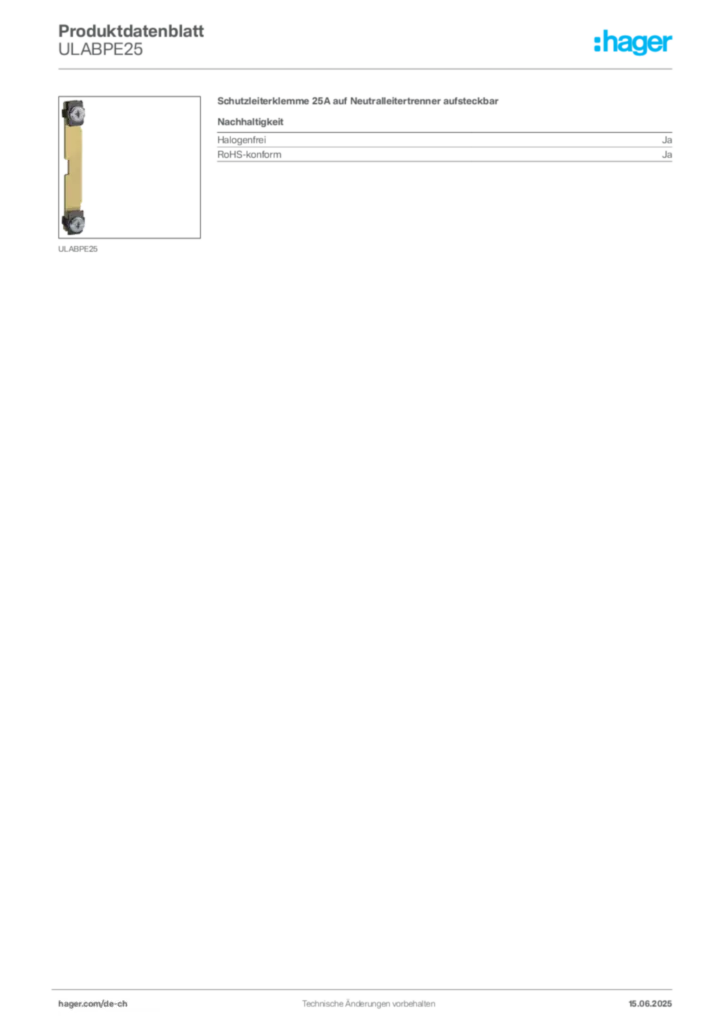 Bild Hager Produktdatenblatt ULABPE25 | Hager Schweiz