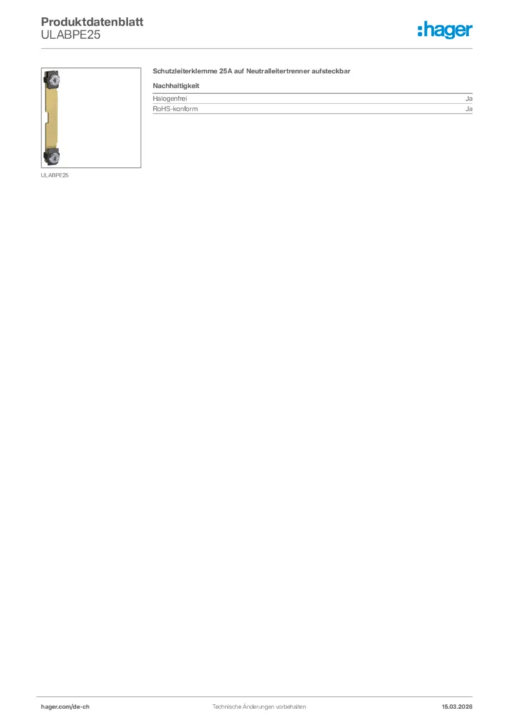 Bild Hager Produktdatenblatt ULABPE25 | Hager Schweiz