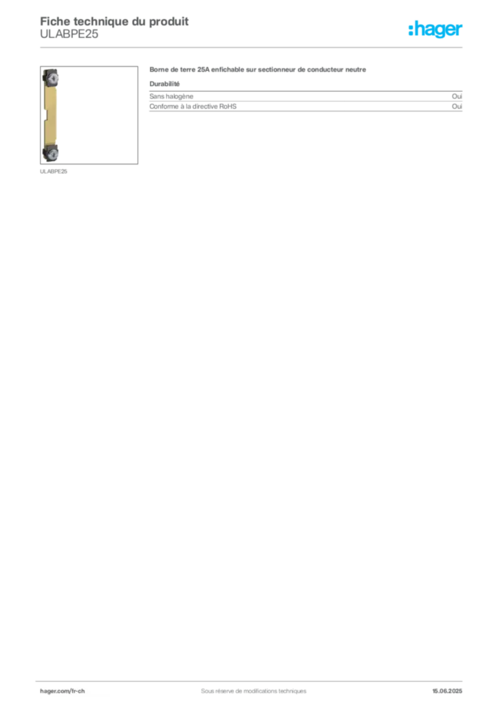 Image Hager Fiche technique du produit ULABPE25 | Hager Suisse