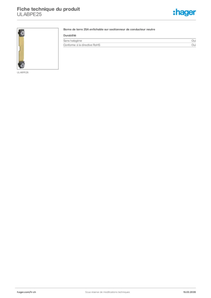 Image Hager Fiche technique du produit ULABPE25 | Hager Suisse
