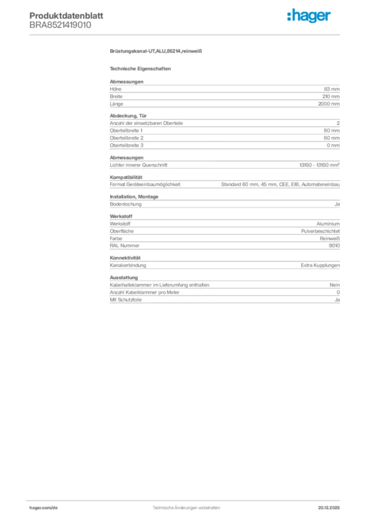 Bild Hager Produktdatenblatt BRA8521419010 | Hager Deutschland