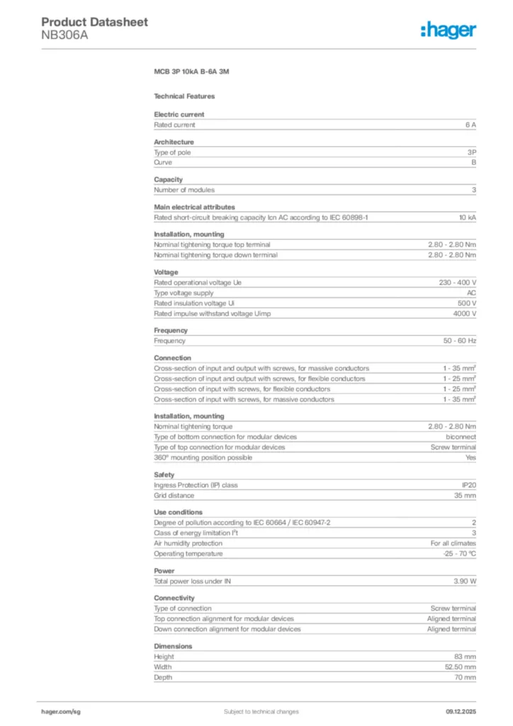 Image Hager Product data sheet NB306A  | Hager