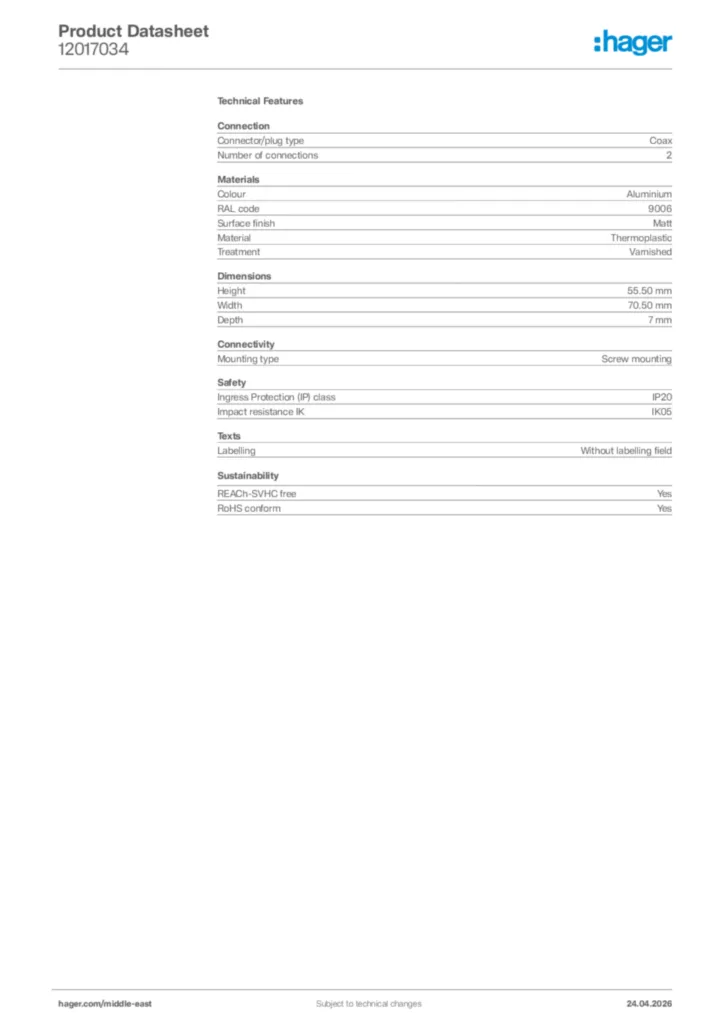 Image Hager Product data sheet 12017034  | Hager