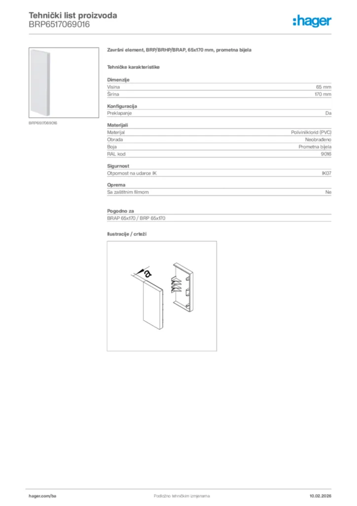 Slika Hager Tehnički list proizvoda BRP6517069016  | Hager