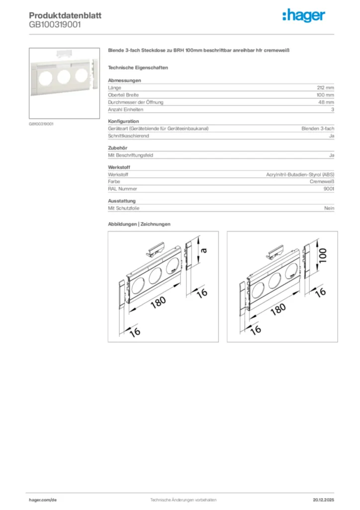 Bild Hager Produktdatenblatt GB100319001 | Hager Deutschland