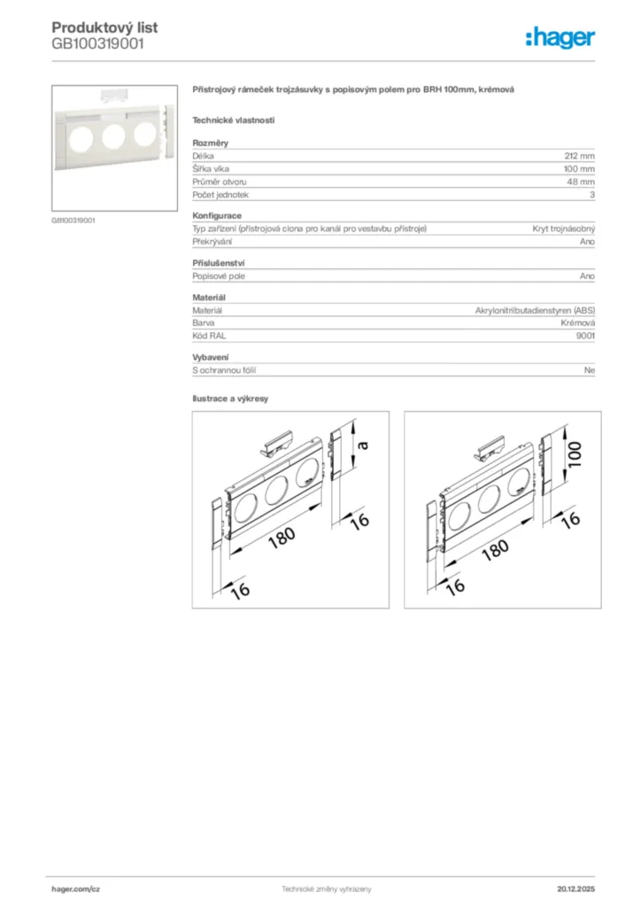 Obrázek Hager Produktový list GB100319001 | Hager