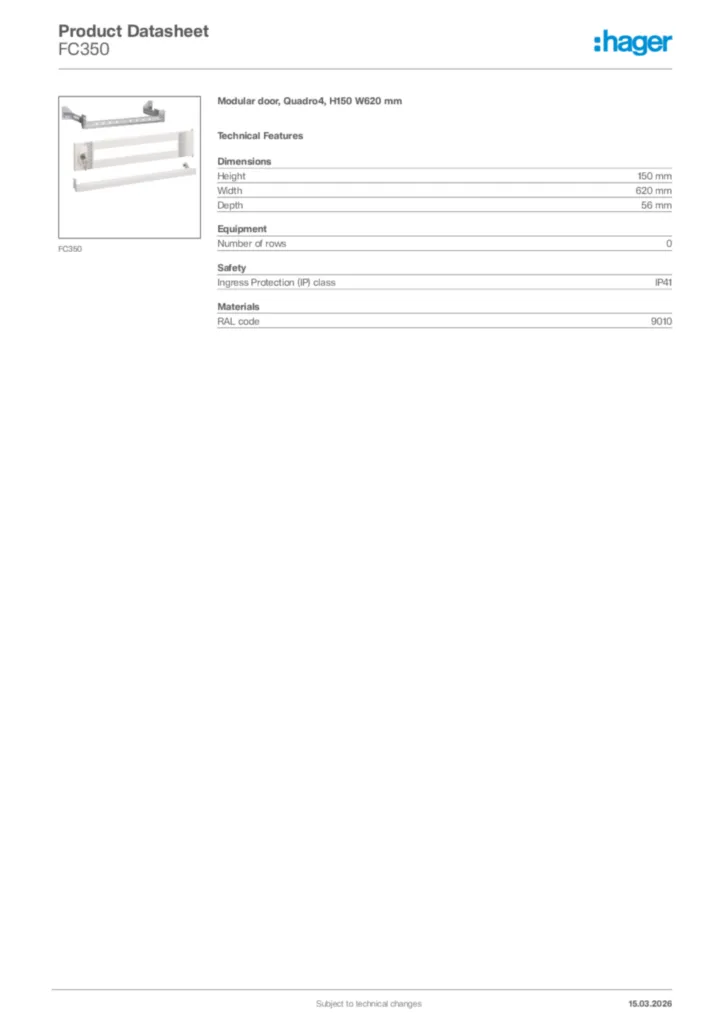 Image Hager Product data sheet FC350  | Hager Africa