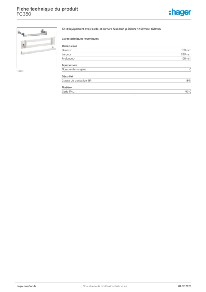 Image Hager Fiche technique du produit FC350 | Hager Afrique