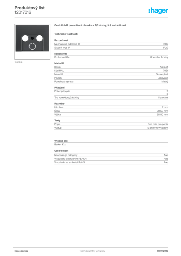 Obrázek Hager Produktový list 12017016 | Hager
