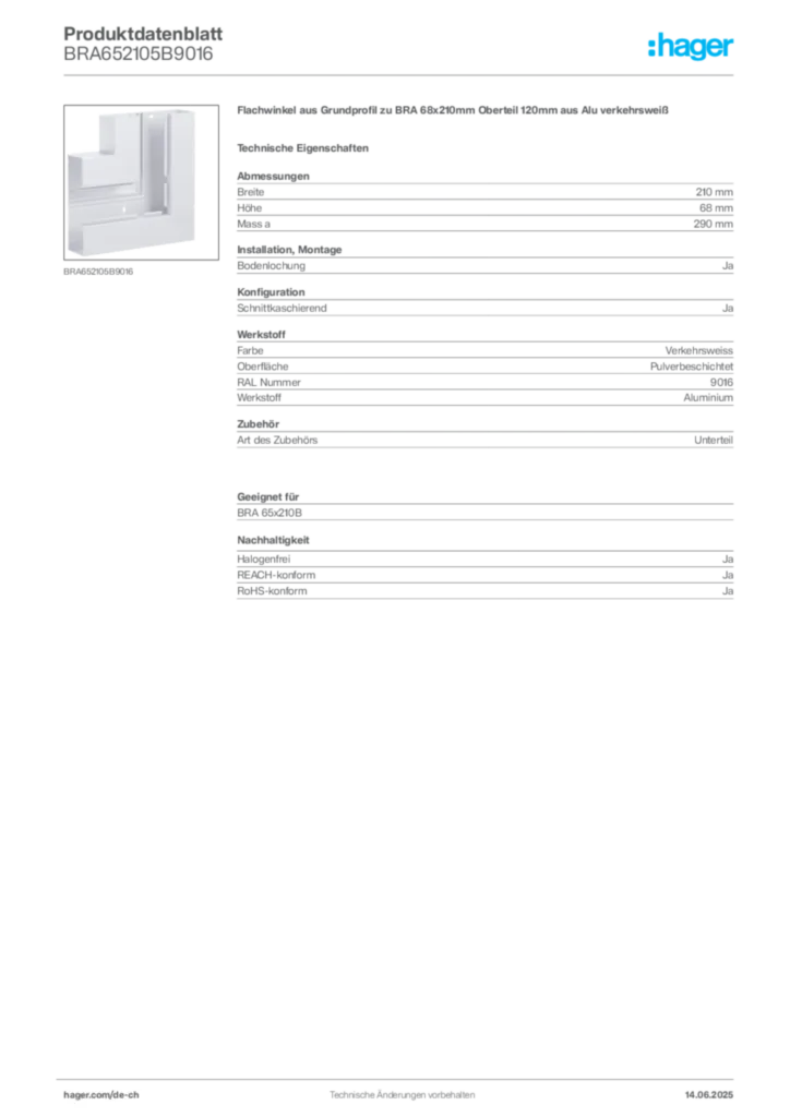 Bild Hager Produktdatenblatt BRA652105B9016 | Hager Schweiz
