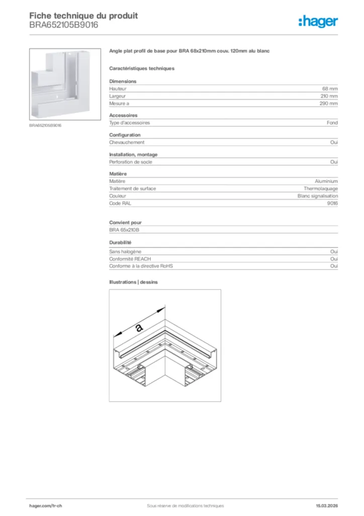 Image Hager Fiche technique du produit BRA652105B9016 | Hager Suisse
