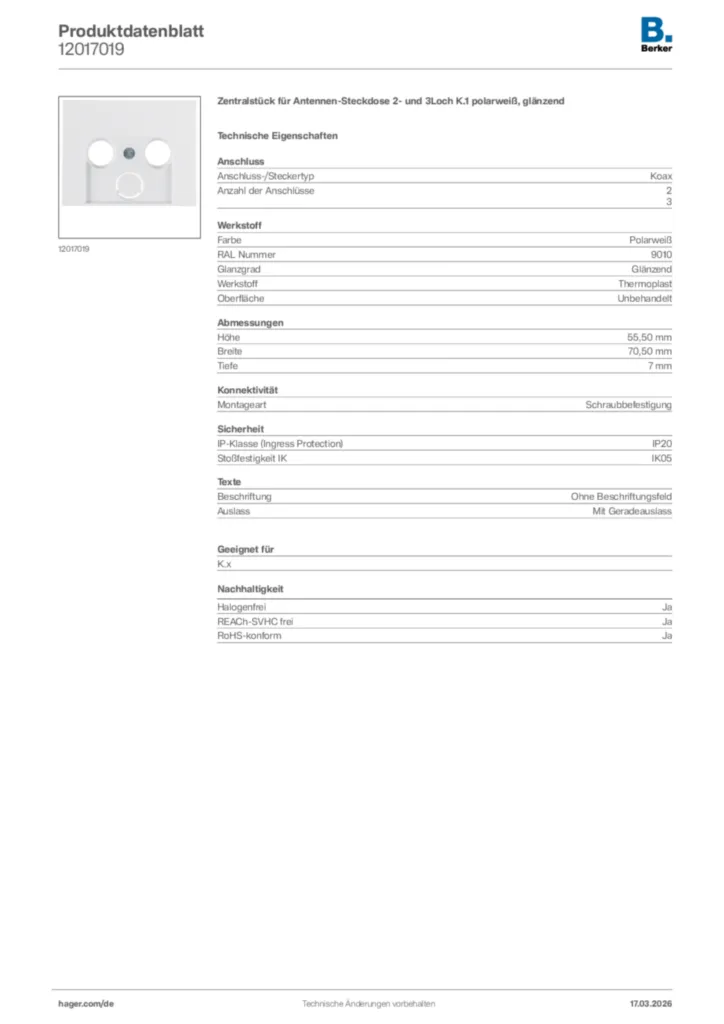 Bild Berker Produktdatenblatt 12017019 | Hager Deutschland