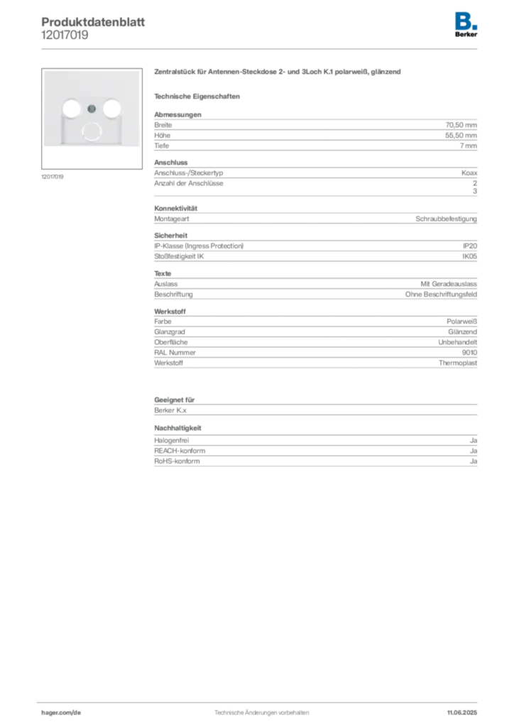 Bild Berker Produktdatenblatt 12017019 | Hager Deutschland